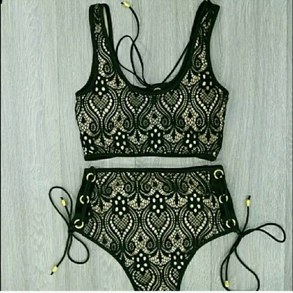 Lace up bikini high waist black two peice - BLACK - Picture 5 of 5